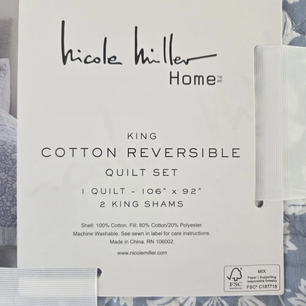Nicole Miller Home Cotton King Quilt Set 3pc Reversible Floral Stripe Blue White